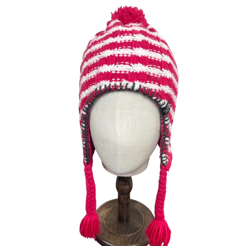 The North Face Girls Pink White Striped Knit Trapper Earflap Beanie Hat Pom M/M